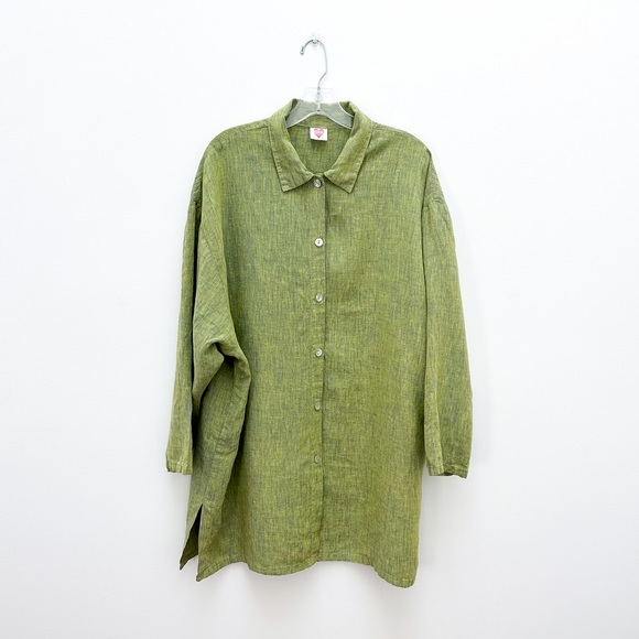 Vintage Tops Oversized Green Linen Button Down Tunic Top Poshmark